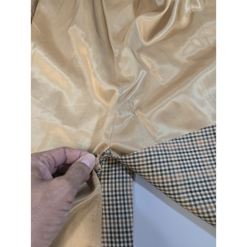 Burberry Men's Silk Wool 3 Btn Blazer Gold Brn Plaid Size 42 Lng Hole In Lining - Picture 5 of 16